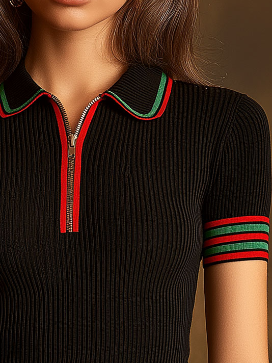 Chic Lapel Zipper Constract Stripe Woolen Knit Top