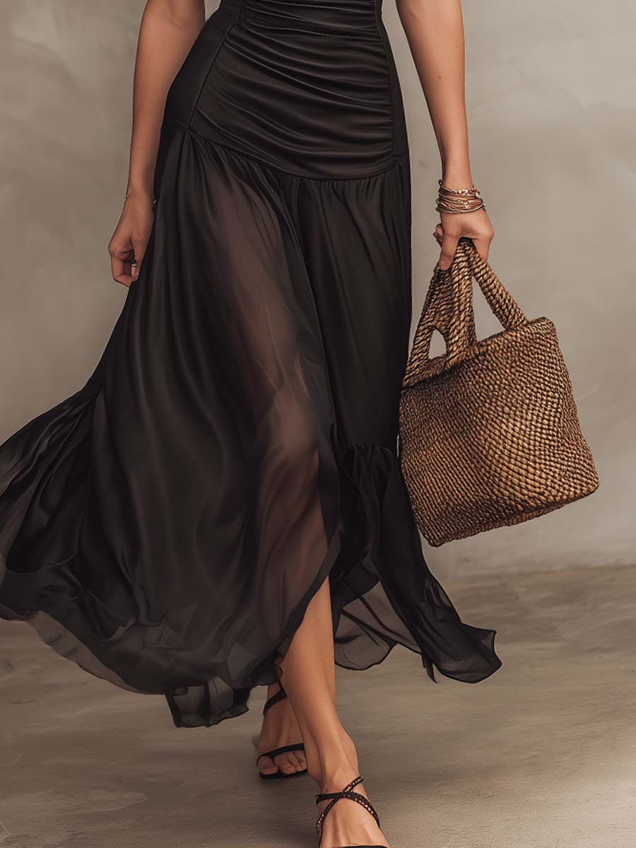 Retro Ruched Waist Sheer Hem Polyester Satin Midi Dress