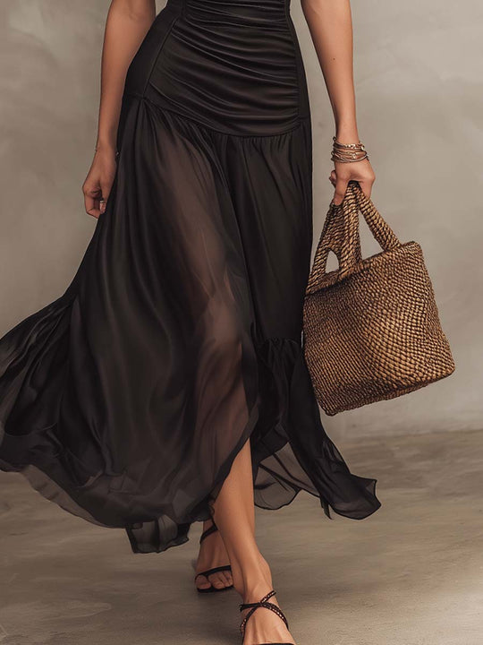 Retro Ruched Waist Sheer Hem Polyester Satin Midi Dress