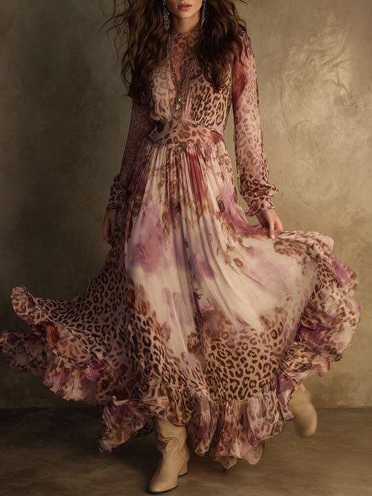 Romantic Boho Holiday Leopard Print Ruffle Hem Chiffon Maxi Dress