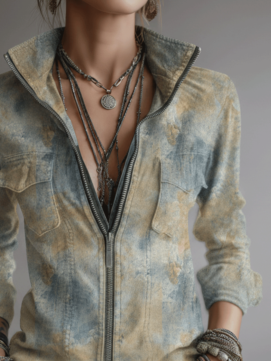 Retro Desert-Style Tie-Dye Pattern Zip-Up Shirt