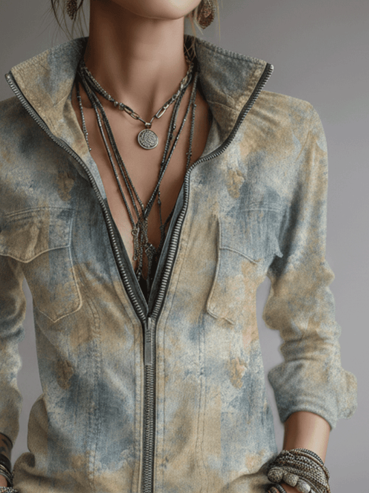 Retro Desert-Style Tie-Dye Pattern Zip-Up Shirt