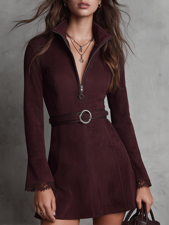 Retro Front Zipper Lace Splicing Suede Mini Dress With Belt