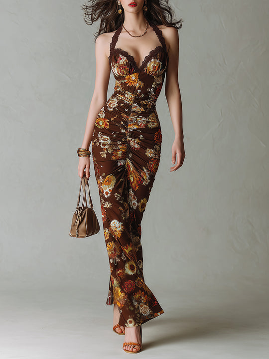 Vintage Lace Trim Pleated Halter Neck Maxi Dress