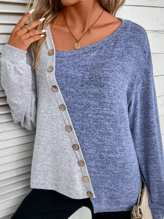 Chic Asymmetrical Color-Block Long-Sleeve Knit Top