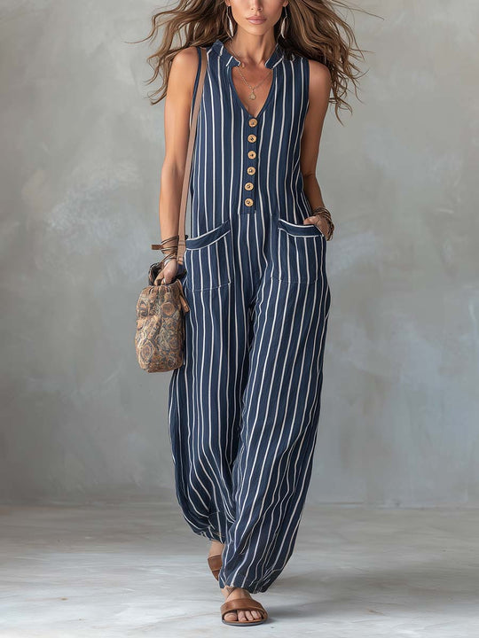 Retro Striped Cotton And Linen Jumpsuit