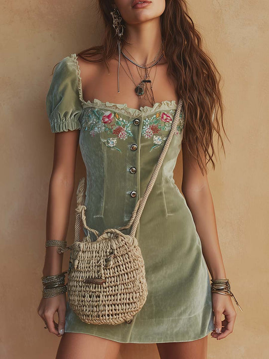Embroidered Velvet Puff-Sleeve Mini Dress