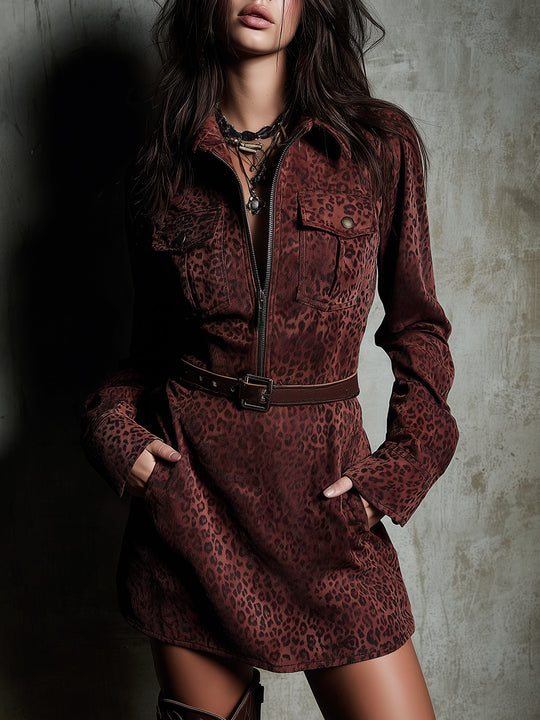 Bohemian Leopard Print Eco-friendly Suede Mini Dress With Belt
