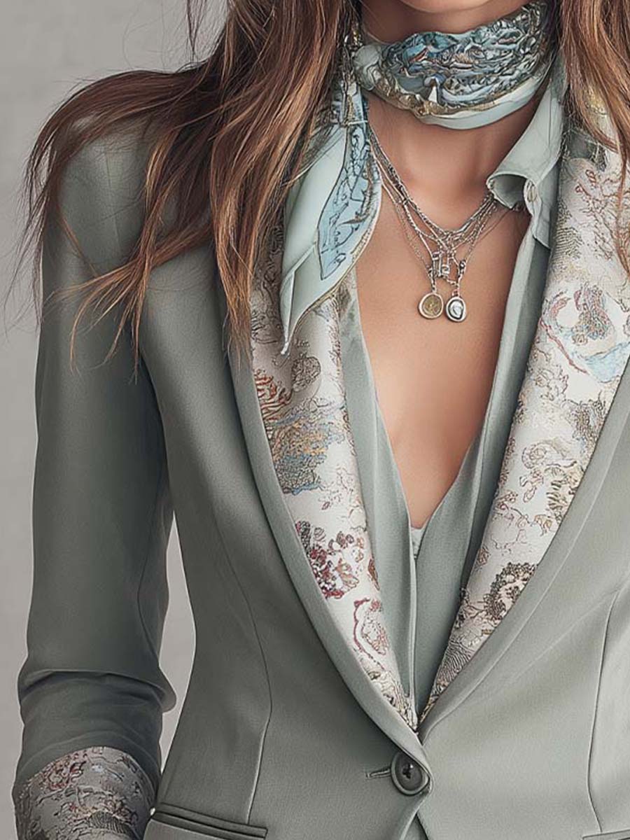 Satin-Trim Printed Lapel Tailored Blazer