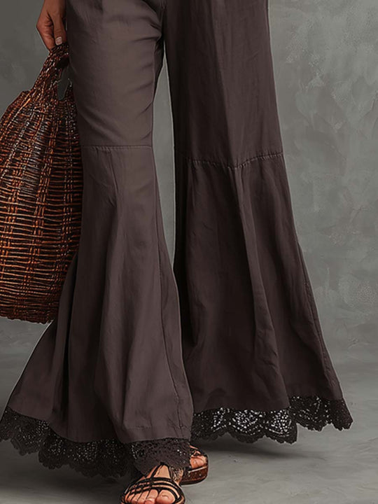 Retro-style Zipper Collar Flared Hem Lace Trim Jumpsuit