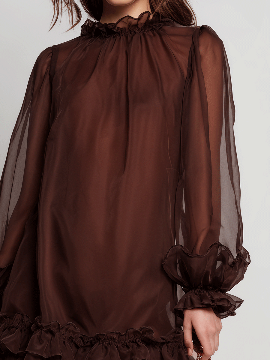 Elegant Chocolate Sheer Ruffle Mini Dress