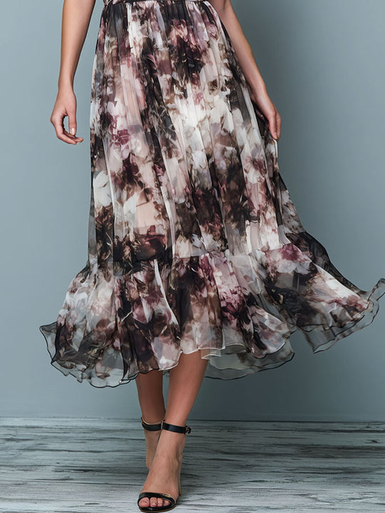 Boho Off-Shoulder Floral Chiffon Flowing Midi Dress With Ruffled Edge