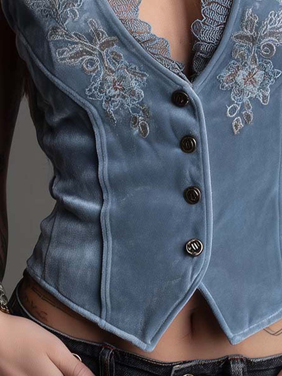 Dusty Blue Velvet Embroidered Lace-Trim Corset Vest
