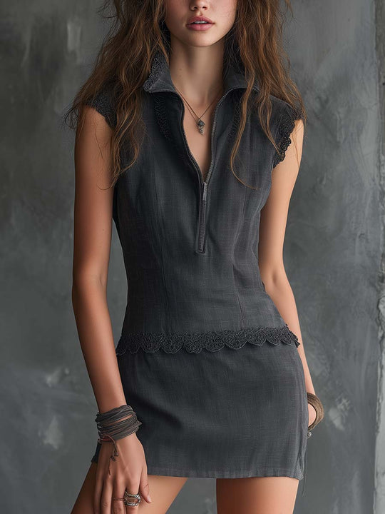 Boho Vintage Zip-Neck Sleeveless Mini Dress In Charcoal Grey