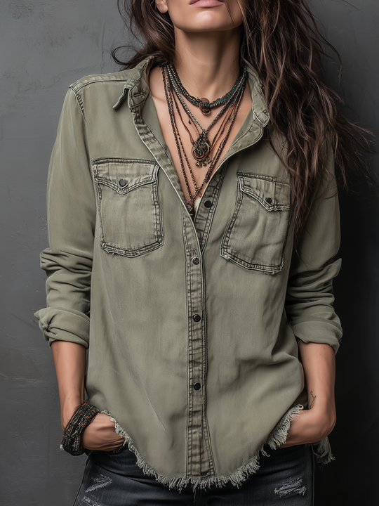 Vintage Pockets Long Sleeve Washed Blouse