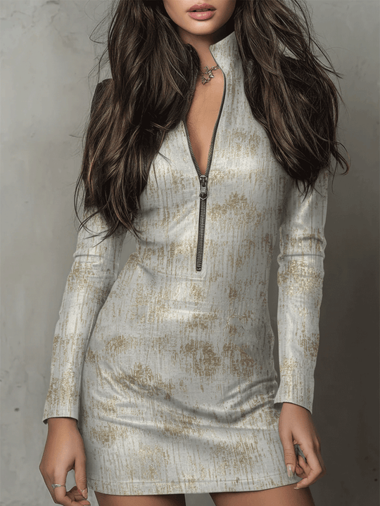 Chic Gold Marbled Zip-Front Bodycon Mini Dress