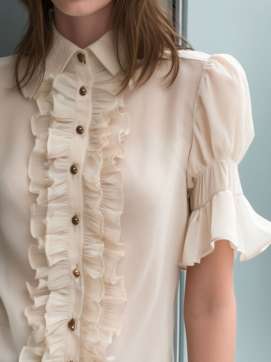 Retro Romantic Puff-Sleeve Champagne Ruffled Chiffon Blouse