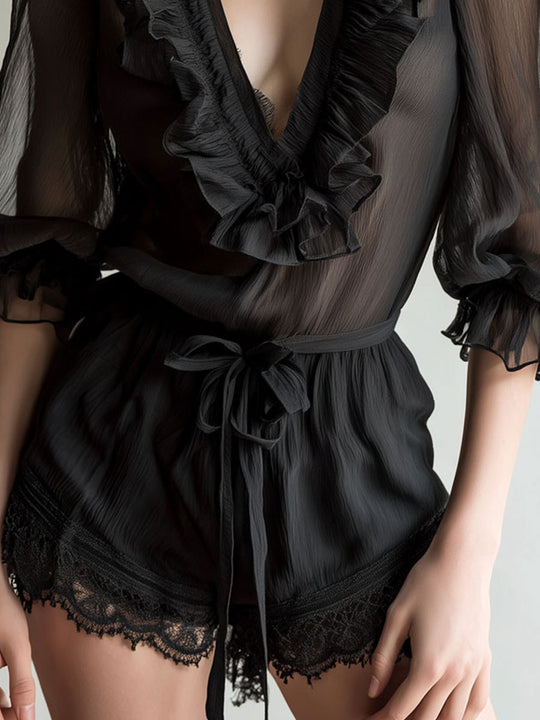 Black Sheer Chiffon Ruffle Blouse & Lace-Trim Shorts Chiffon Set