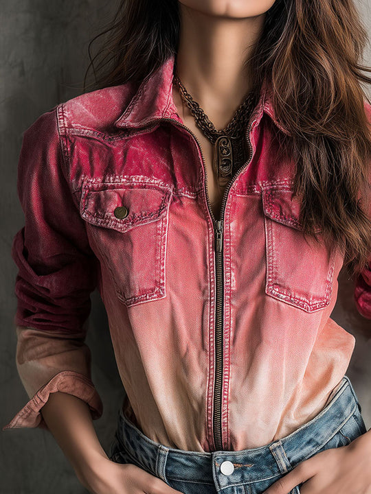 Western Faded Wash Ombre Red-to-Blush Denim Zip Jacket