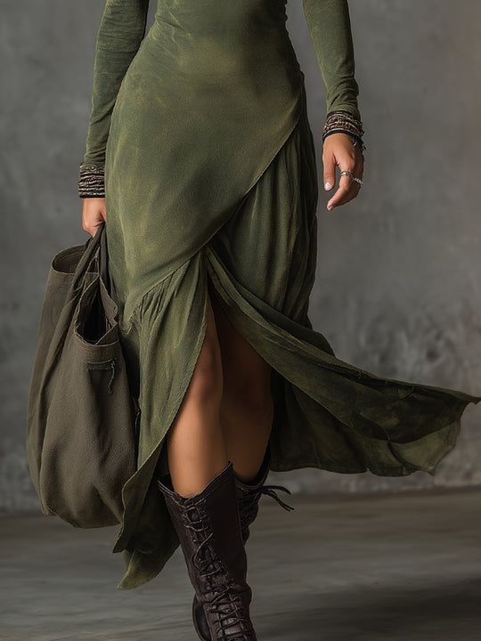 Bohemian Washed Cotton Half-zip Hem Slit Midi Dress