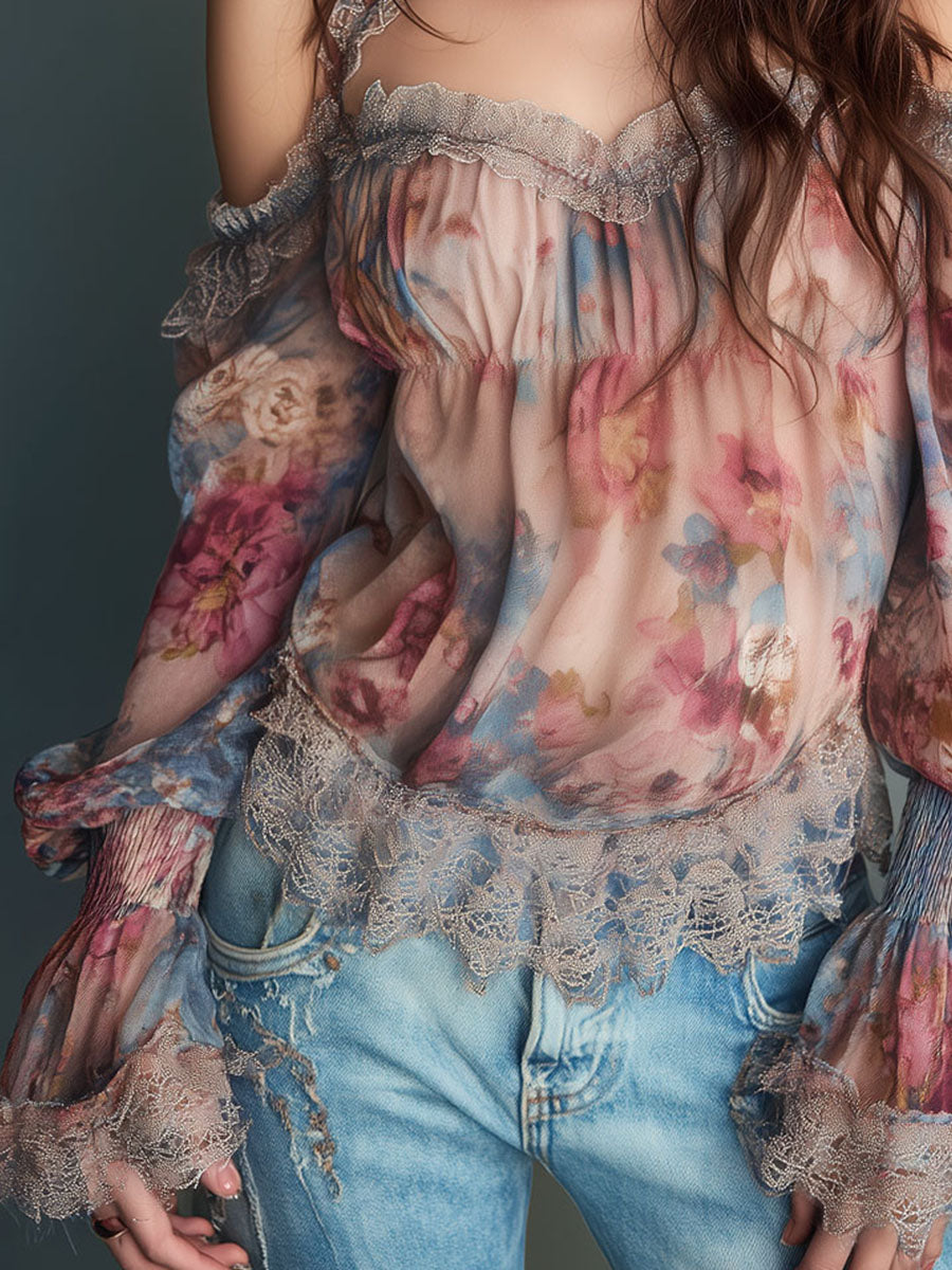 Romantic Off Shoulder Floral Chiffon Blouse With Lace Trim