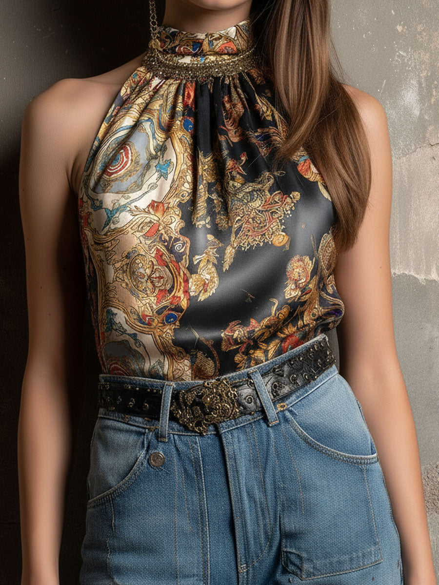 Boho High-Neck Baroque Print Satin Halter Scarf Top