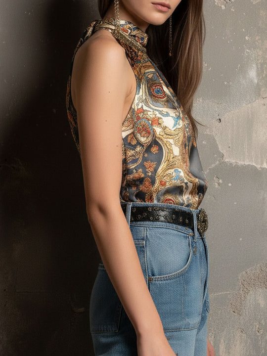 Boho High-Neck Baroque Print Satin Halter Scarf Top