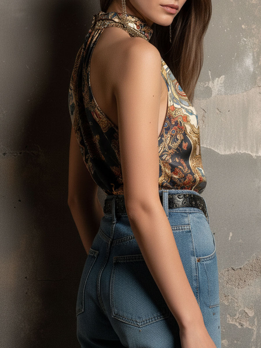 Boho High-Neck Baroque Print Satin Halter Scarf Top