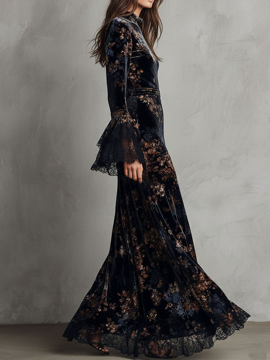 Midnight Floral Velvet Flowing Gown With Lace-Trim Bell Sleeves