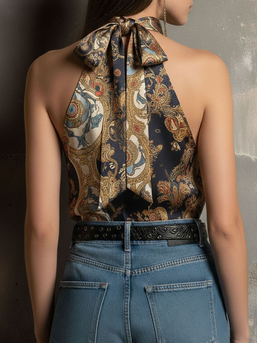 Boho High-Neck Baroque Print Satin Halter Scarf Top