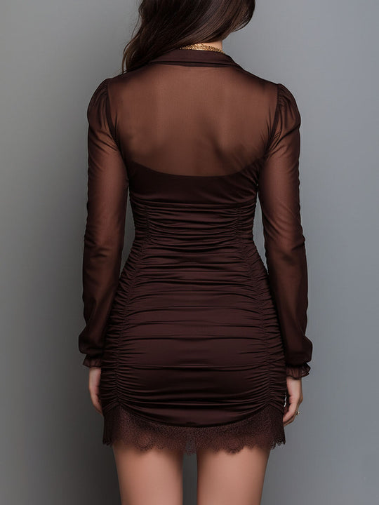 Elegant Lace Hem Mocha Sheer Sleeve Ruched Satin Mini Dress