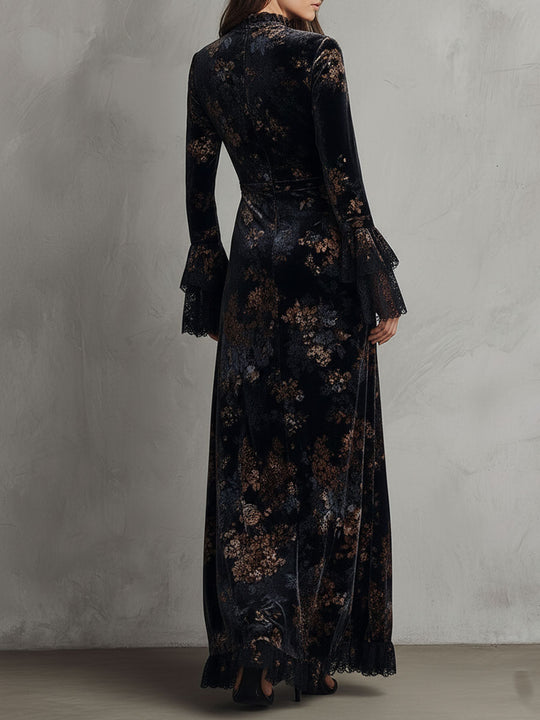 Midnight Floral Velvet Flowing Gown With Lace-Trim Bell Sleeves