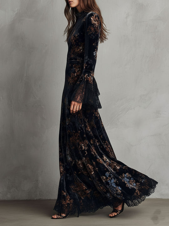 Midnight Floral Velvet Flowing Gown With Lace-Trim Bell Sleeves