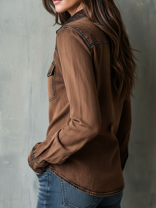 Vintage Brown Washed Contrast Stitching Utility Zip Shirt Jacket