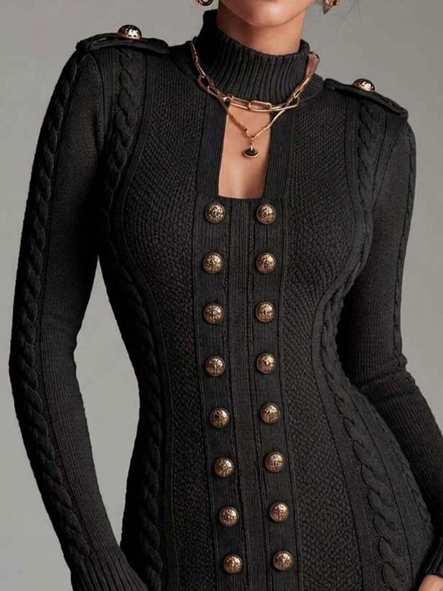 Vintage Military Style Cable Knit Zip-Up Sweater Dress With Gold Button