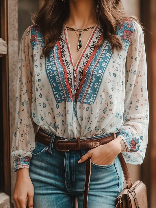 Chiffon Ethnic Print Boho Blouse