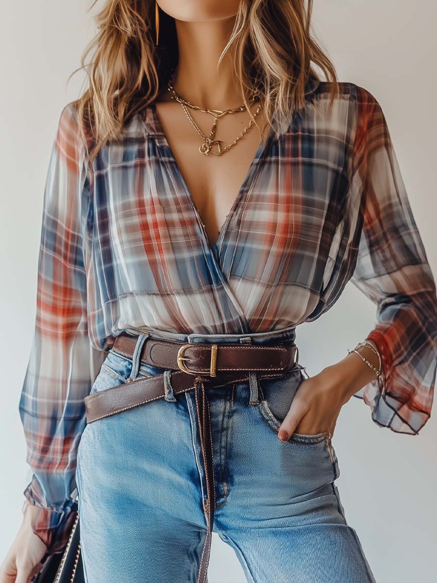 Plaid Sheer Sleeves Chiffon Shirt