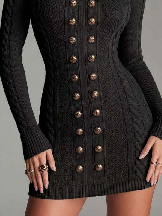 Vintage Military Style Cable Knit Zip-Up Sweater Dress With Gold Button