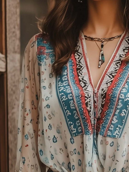 Chiffon Ethnic Print Boho Blouse