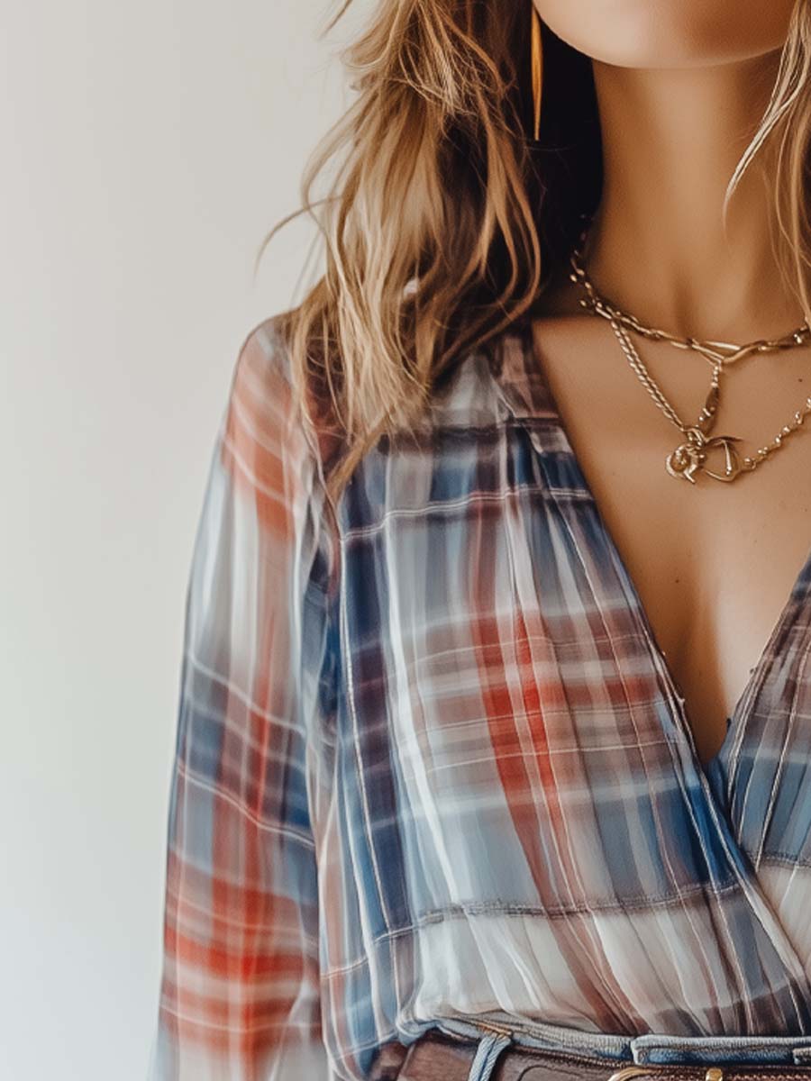 Plaid Sheer Sleeves Chiffon Shirt