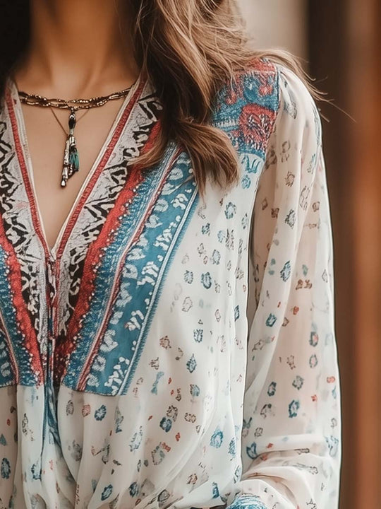 Chiffon Ethnic Print Boho Blouse