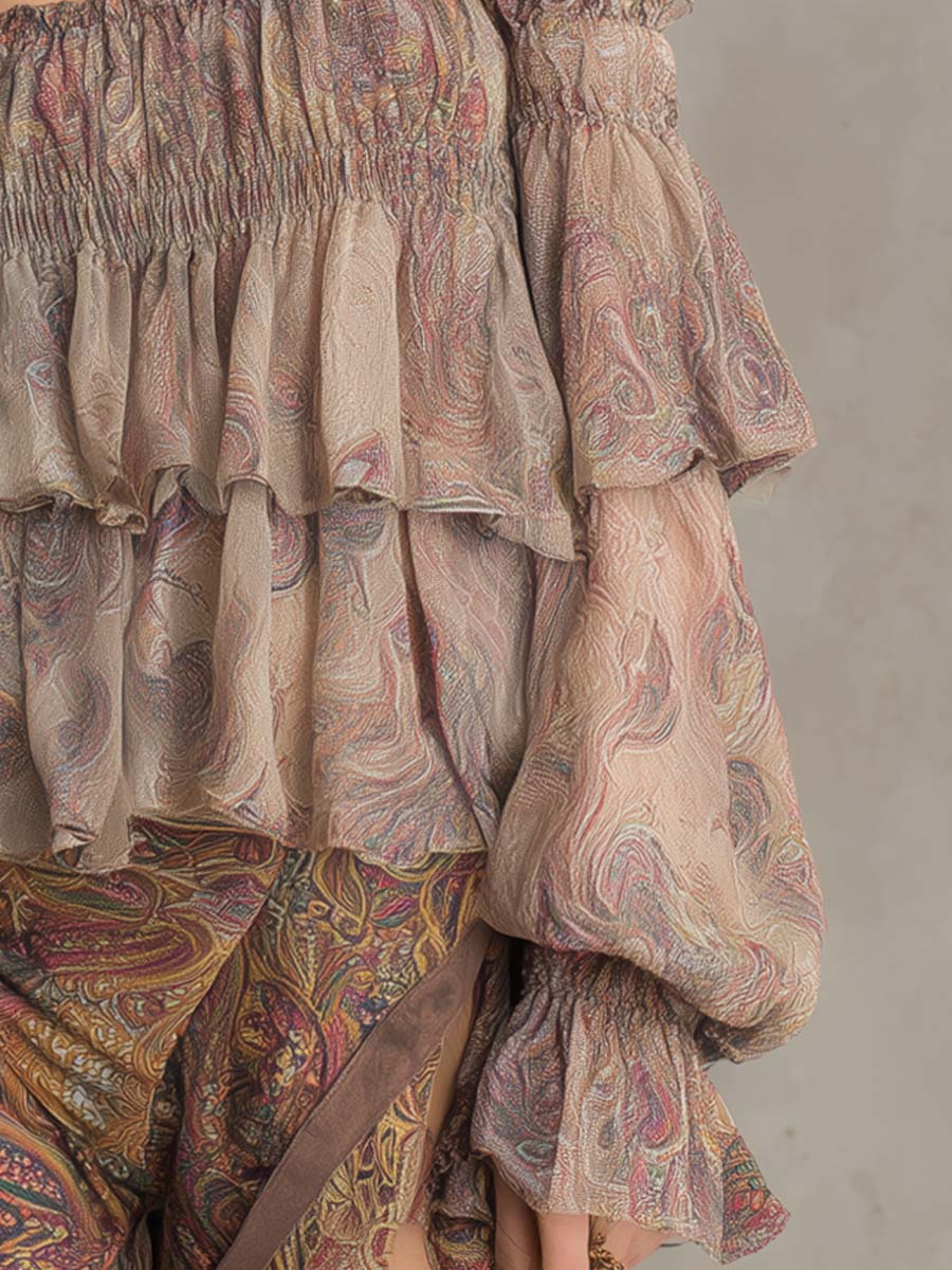 Vintage Off-the-shoulder Paisley Print Blouse