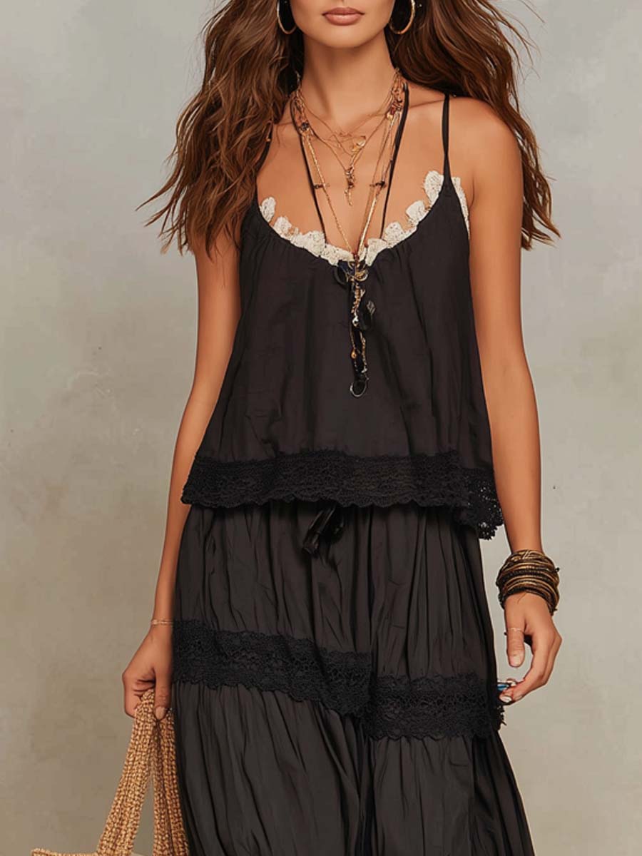 Vintage Lace-trimmed Vest And Skirt Two-piece Set