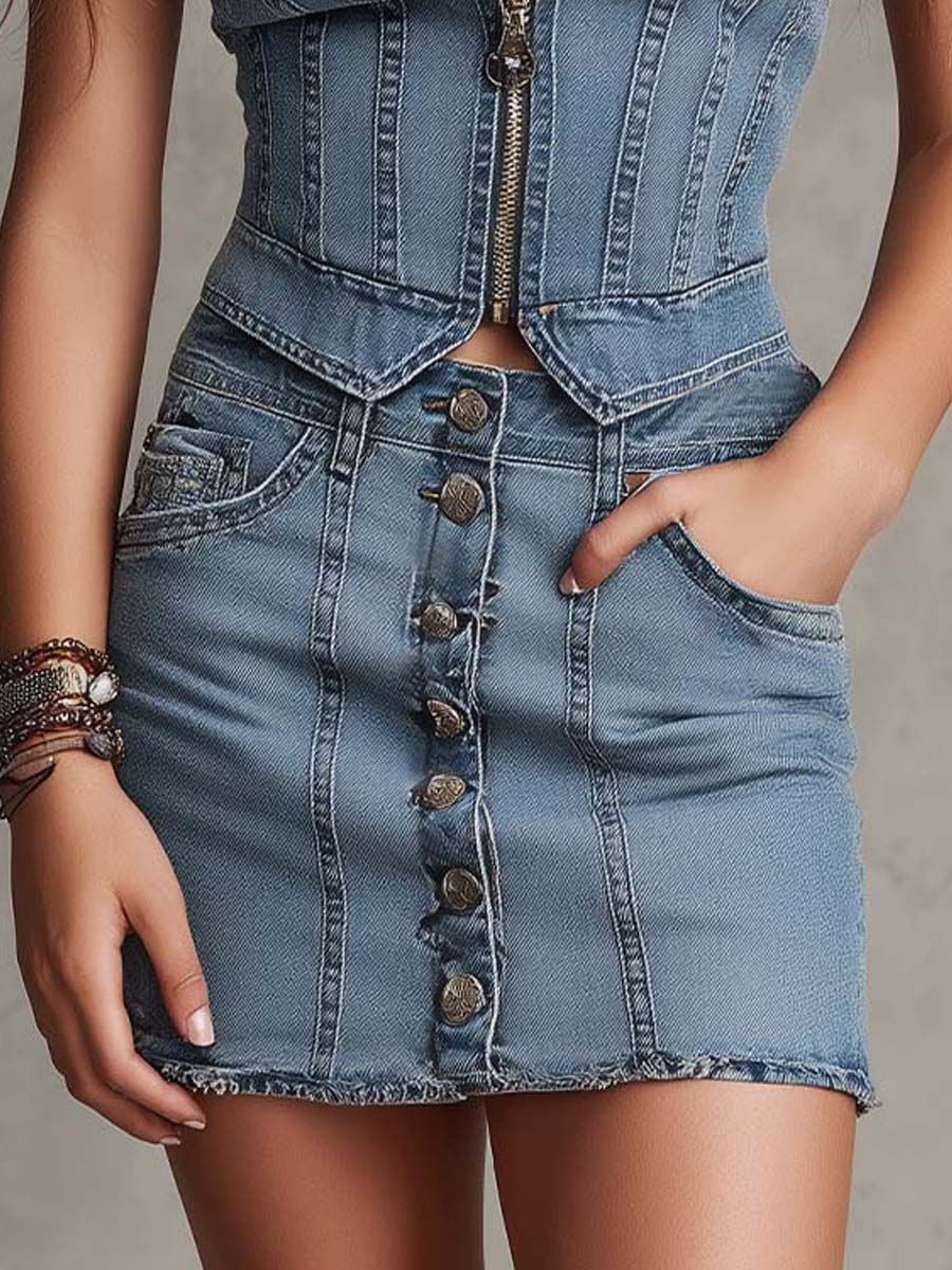 Denim Zip-Front Mini Dress With Button Details