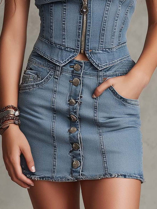 Denim Zip-Front Mini Dress With Button Details