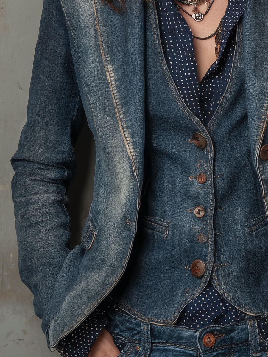 Retro Distressed Denim Vest & Flap Pocket Blazer Set