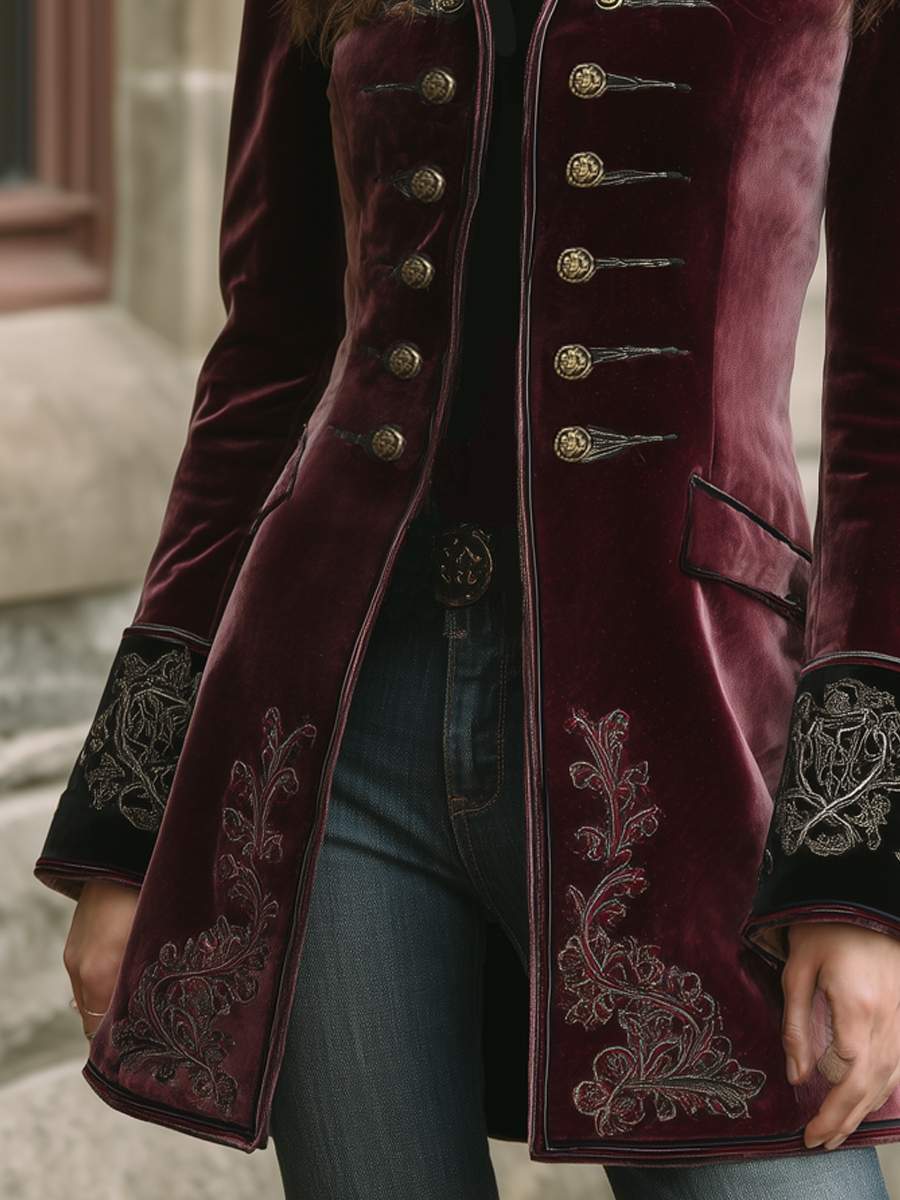 Vintage Contrast Trim Embroidered Velvet Coat