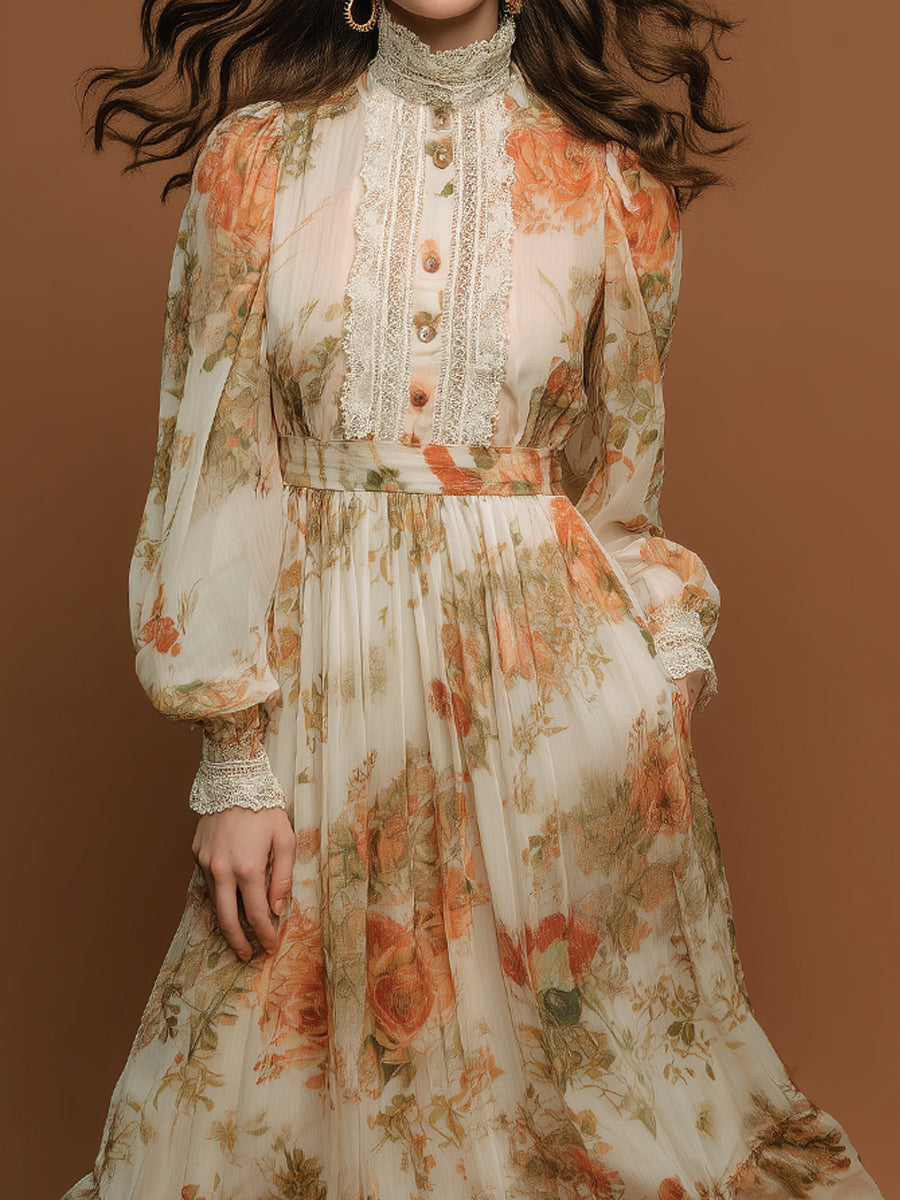 Bohemian Holiday Printed Lace Chiffon Midi Dress