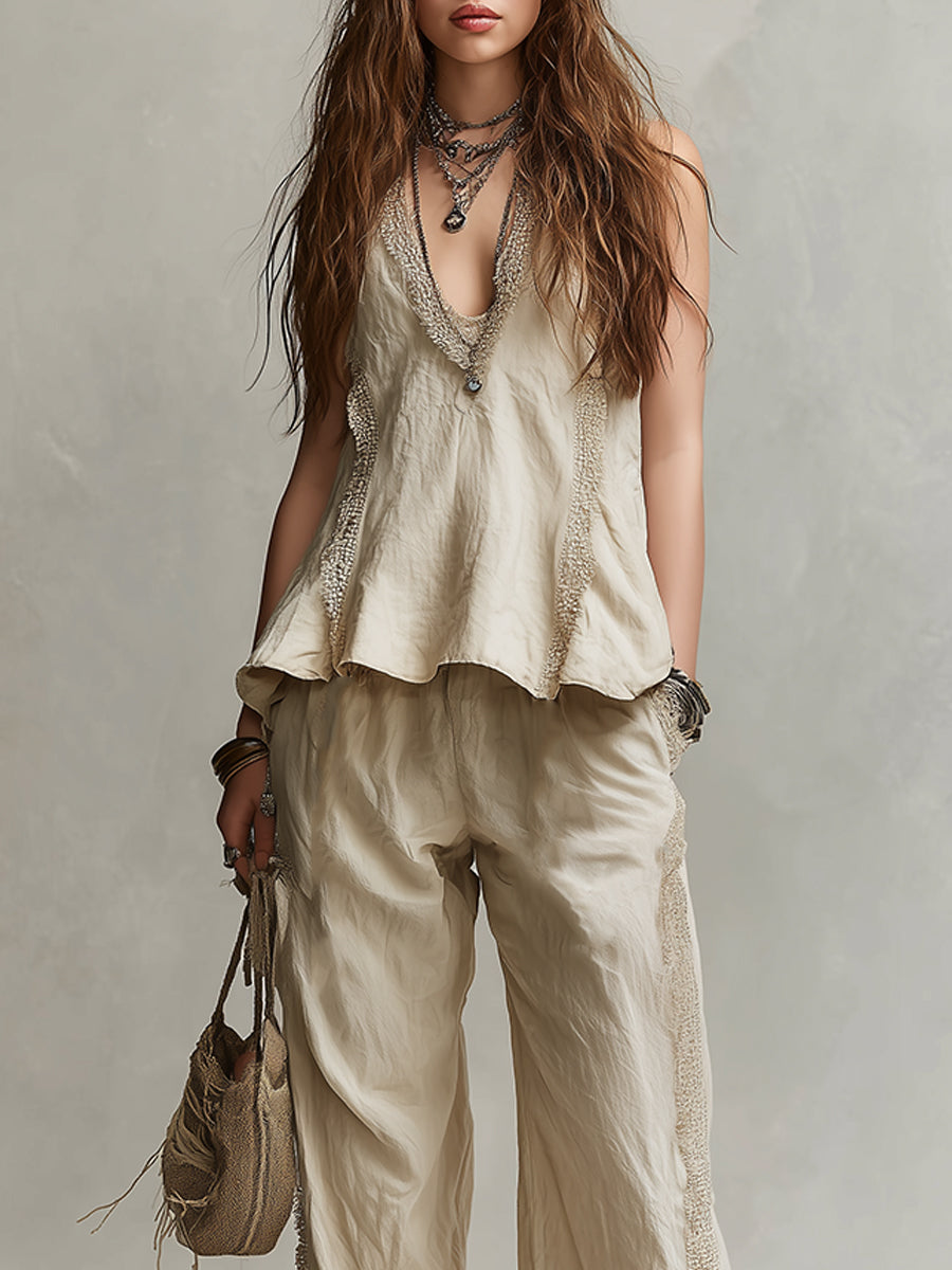 Bohemian Style Ruffled Vest & Straight-leg Pants Set With Lace Trim