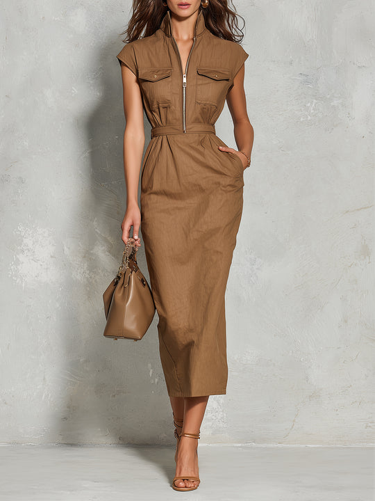 Retro Stand Collar Front Zipper Patch Pocket Midi Dress